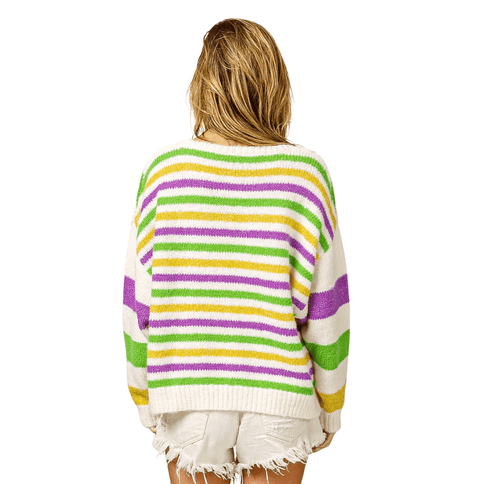 Mardi Gras Colors Stripe Comfy Sweater Ivory Multi Knit - Mardi Gras Apparel - Adult, Bibi, Bibi Top Chart - Sweaters