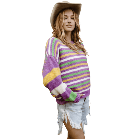 Mardi Gras Colors Stripe Comfy Sweater Purple Multi Knit - Mardi Gras Apparel - Adult, Bibi, Bibi Top Chart - Sweaters