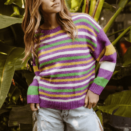 Mardi Gras Colors Stripe Comfy Sweater Purple Multi Knit - Mardi Gras Apparel - Adult, Bibi, Bibi Top Chart - Sweaters