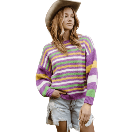 Mardi Gras Colors Stripe Comfy Sweater Purple Multi Knit - Mardi Gras Apparel - Adult, Bibi, Bibi Top Chart - Sweaters