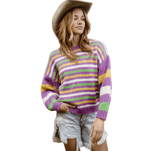 Mardi Gras Colors Stripe Comfy Sweater Purple Multi Knit - Mardi Gras Apparel - Adult, Bibi, Bibi Top Chart - Sweaters