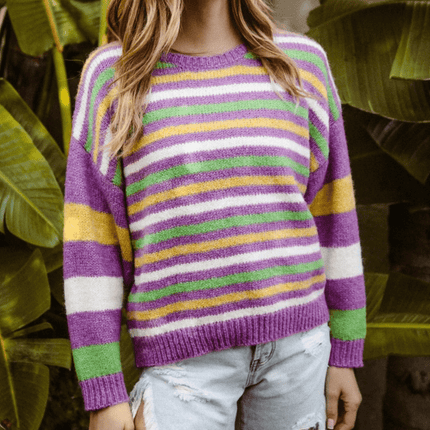 Mardi Gras Colors Stripe Comfy Sweater Purple Multi Knit - Mardi Gras Apparel - Adult, Bibi, Bibi Top Chart - Sweaters