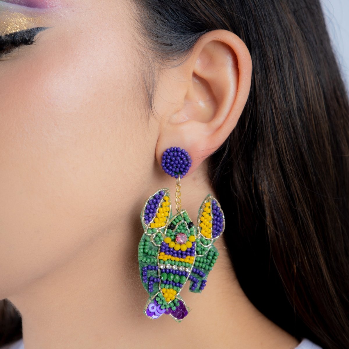 Mardi Gras Crawfish Beaded Earrings with Rhinestone Accents - Mardi Gras Apparel - Accessories, Earrings, Mardi Gras - Mardi Gras Earrings