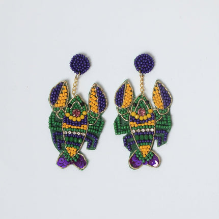 Mardi Gras Crawfish Beaded Earrings with Rhinestone Accents - Mardi Gras Apparel - Accessories, Earrings, Mardi Gras - Mardi Gras Earrings