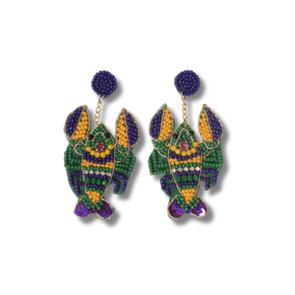 Mardi Gras Crawfish Beaded Earrings with Rhinestone Accents - Mardi Gras Apparel - Accessories, Earrings, Mardi Gras - Mardi Gras Earrings