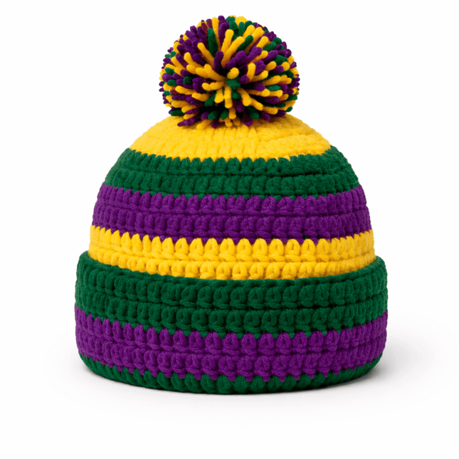 Hand crocheted purple green gold brown beanie hat Mardi Gras Crochet Beanie: Purple, Gold, Green Striped Hat  main image 4