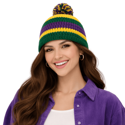 Mardi Gras Crochet Pom Beanie Hat – Purple, Green & Gold - Mardi Gras Apparel - Accessories, Adult, beanie - Beanie