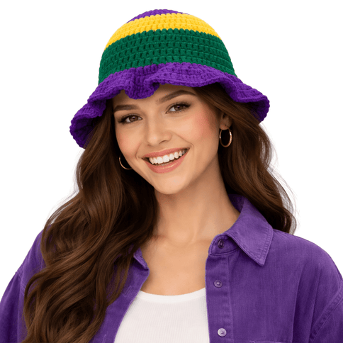 Mardi Gras Crochet Ruffle Bucket Hat – Purple, Gold & Green - Mardi Gras Apparel - Accessories, Adult, beanie - Beanie