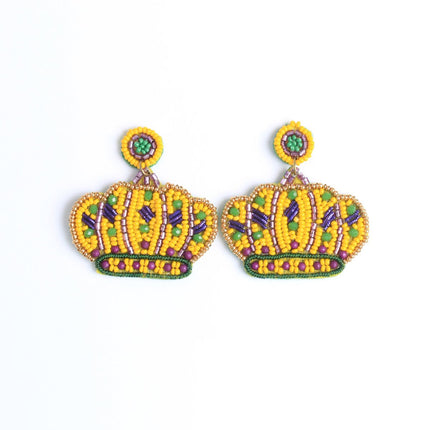 Mardi Gras Crown Beaded Drop Earrings - Mardi Gras Apparel - Earrings, Ladies, Mardi Gras - Earrings