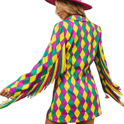 Mardi Gras Diamond Pattern Fringed Single Blazer - Mardi Gras Apparel - Adult, Bibi, Bibi Top Chart - Blazer