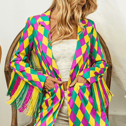 Mardi Gras Diamond Pattern Fringed Single Blazer - Mardi Gras Apparel - Adult, Bibi, Bibi Top Chart - Blazer