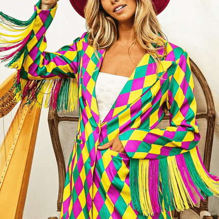 Mardi Gras Diamond Pattern Fringed Single Blazer - Mardi Gras Apparel - Adult, Bibi, Bibi Top Chart - Blazer