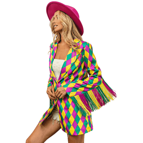 Mardi Gras Diamond Pattern Fringed Single Blazer - Mardi Gras Apparel - Adult, Bibi, Bibi Top Chart - Blazer