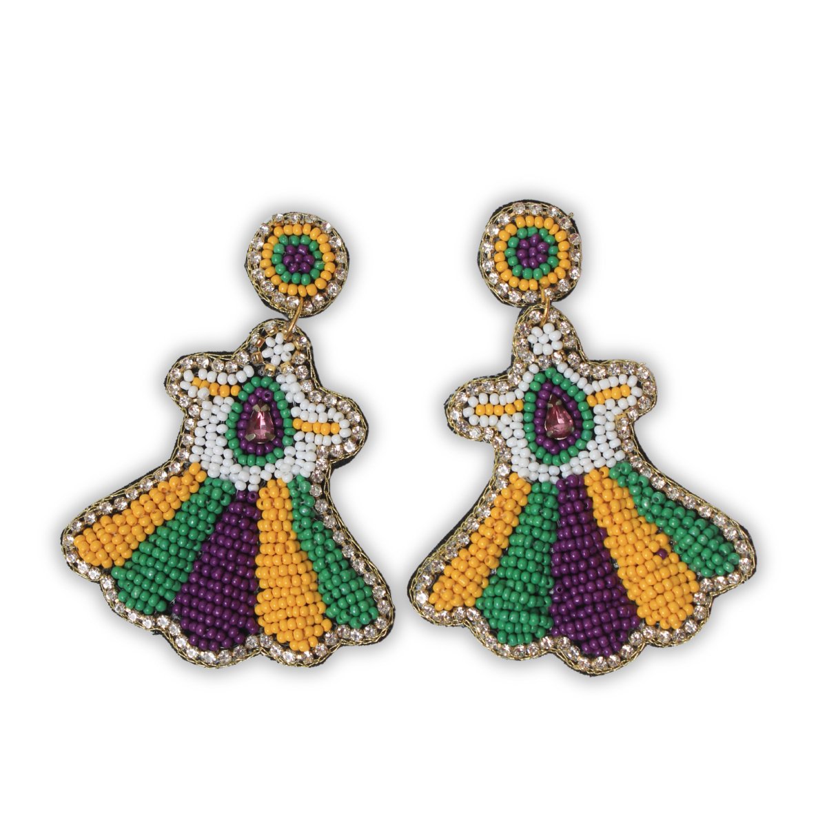 Mardi Gras Dress-Shaped Beaded Earrings with Rhinestones - Mardi Gras Apparel Mardi Gras Dress-Shaped Beaded Earrings with Rhinestones - Mardi Gras Apparel