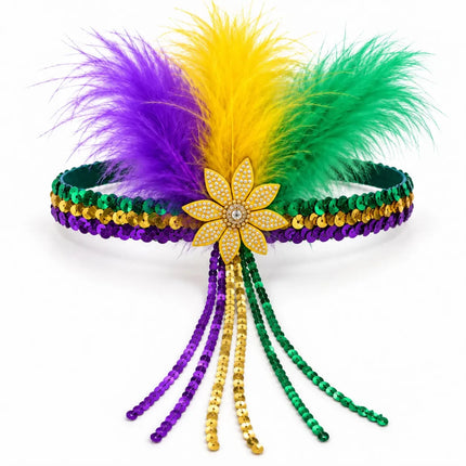 Mardi Gras Feather Headband with Jeweled Flower & Sequin Fringe - Mardi Gras Apparel - Accessories, Headbands, Mardi Gras - Headband