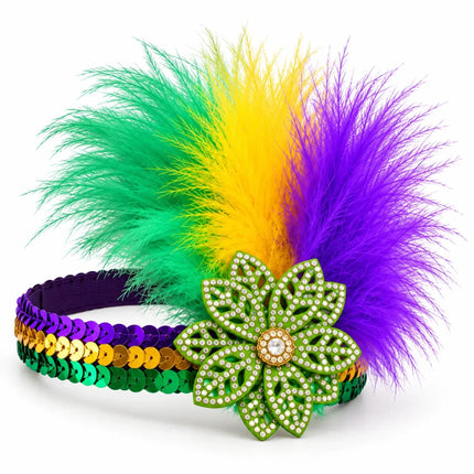 Mardi Gras Feather & Jeweled Flower Headband - Mardi Gras Apparel - Accessories, Headbands, Mardi Gras - Headband