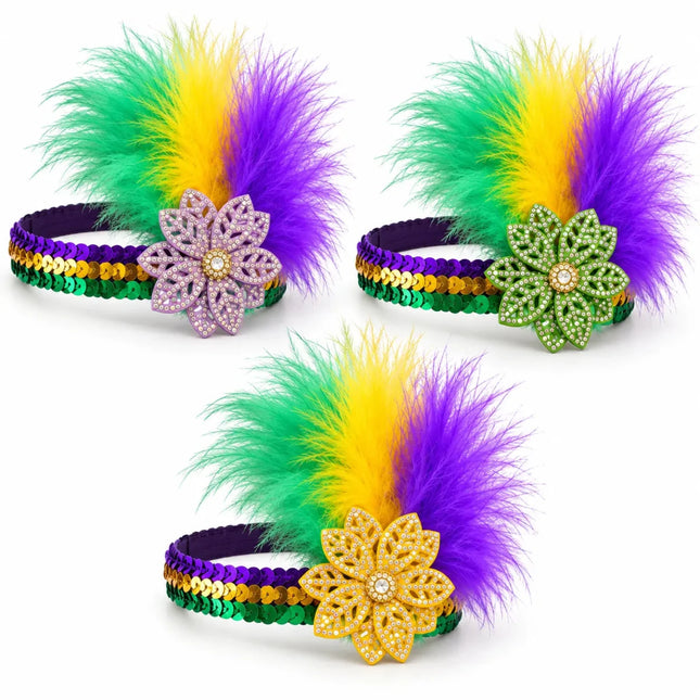 Mardi Gras Feather & Jeweled Flower Headband - Mardi Gras Apparel - Accessories, Headbands, Mardi Gras - Headband