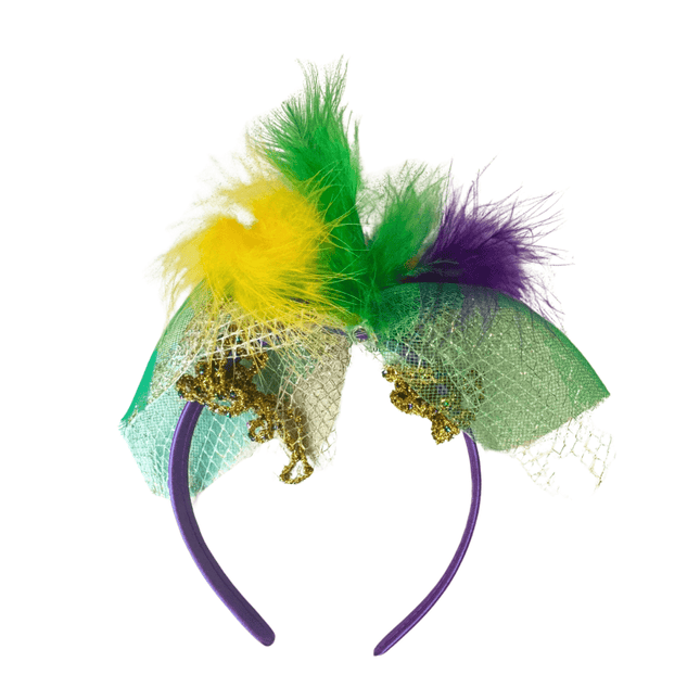 Mardi Gras Feather & Mesh Glitter Headband - Mardi Gras Apparel - Accessories, Headbands, Mardi Gras - Headband