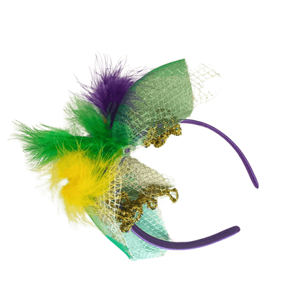 Mardi Gras Feather & Mesh Glitter Headband - Mardi Gras Apparel - Accessories, Headbands, Mardi Gras - Headband