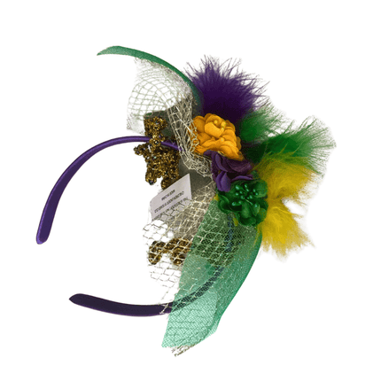 Mardi Gras Feather & Mesh Glitter Headband - Mardi Gras Apparel - Accessories, Headbands, Mardi Gras - Headband