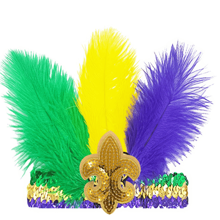 Mardi Gras Feathered Sequin Headband – Fleur - de - Lis Design - Mardi Gras Apparel - Accessories, Gold, Green - Headband