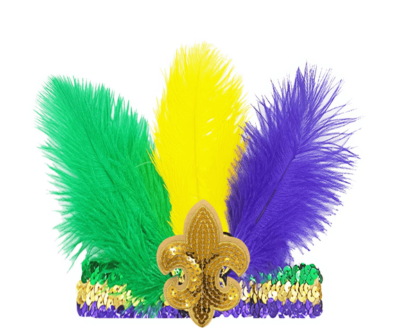 Mardi Gras Feathered Sequin Headband – Fleur - de - Lis Design - Mardi Gras Apparel - Accessories, Gold, Green - Headband