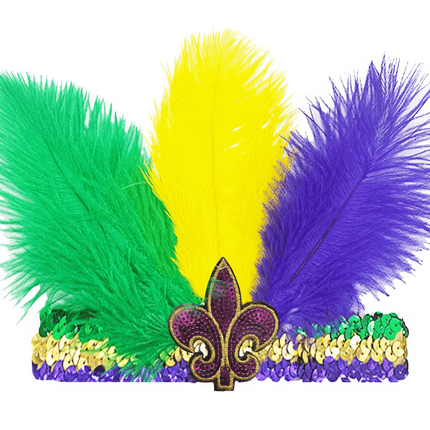 Mardi Gras Feathered Sequin Headband – Purple Fleur - de - Lis Accent - Mardi Gras Apparel - Accessories, Gold, Green - Headband