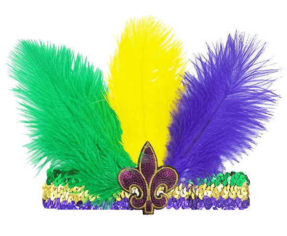 Mardi Gras Feathered Sequin Headband – Purple Fleur - de - Lis Accent - Mardi Gras Apparel - Accessories, Gold, Green - Headband