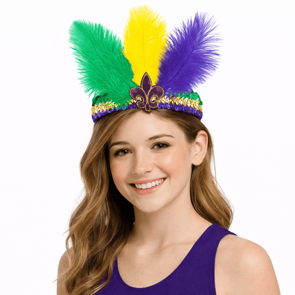 Mardi Gras Feathered Sequin Headband – Purple Fleur - de - Lis Accent - Mardi Gras Apparel - Accessories, accessory discount tier, Gold - Headband
