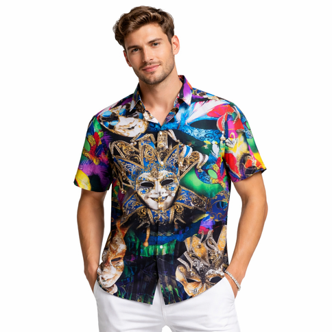Mardi Gras Festival Mask Collage Short Sleeve Button - Up Shirt - Mardi Gras Apparel - Adult, apparel discount tier, Buttons up - Buttons - Up