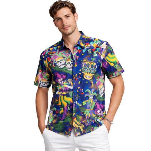 Mardi Gras Festive Skulls Party Button - Up Shirt - Mardi Gras Apparel - Adult, apparel discount tier, Buttons up - Buttons - Up