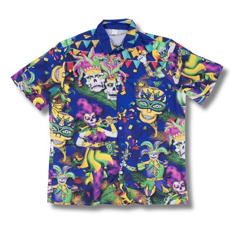 Mardi Gras Festive Skulls Party Button - Up Shirt - Mardi Gras Apparel - Adult, Buttons up, Front Design - Buttons - Up