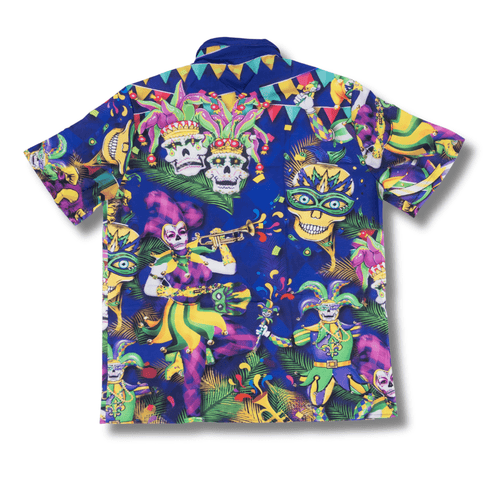 Mardi Gras Festive Skulls Party Button - Up Shirt - Mardi Gras Apparel - Adult, Buttons up, Front Design - Buttons - Up