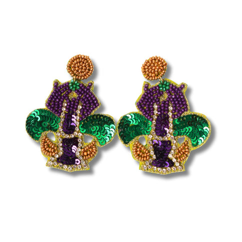 Mardi Gras Fleur - de - Lis Beaded Earrings with Sequins - Mardi Gras Apparel - Accessories, Earrings, Mardi Gras - Mardi Gras Earrings