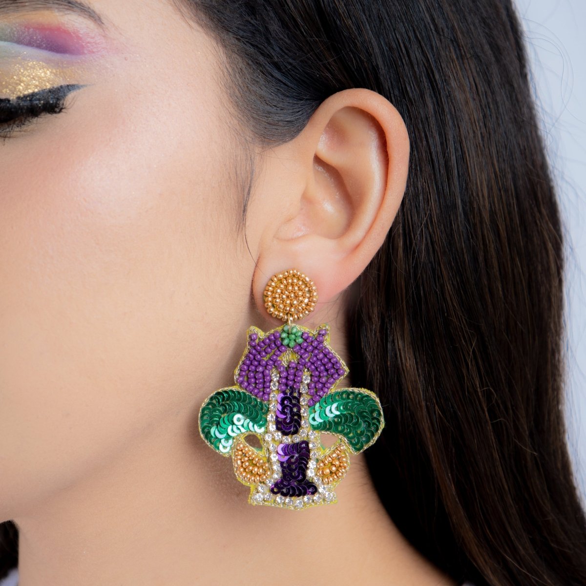 Mardi Gras Fleur - de - Lis Beaded Earrings with Sequins - Mardi Gras Apparel - Accessories, Earrings, Mardi Gras - Mardi Gras Earrings