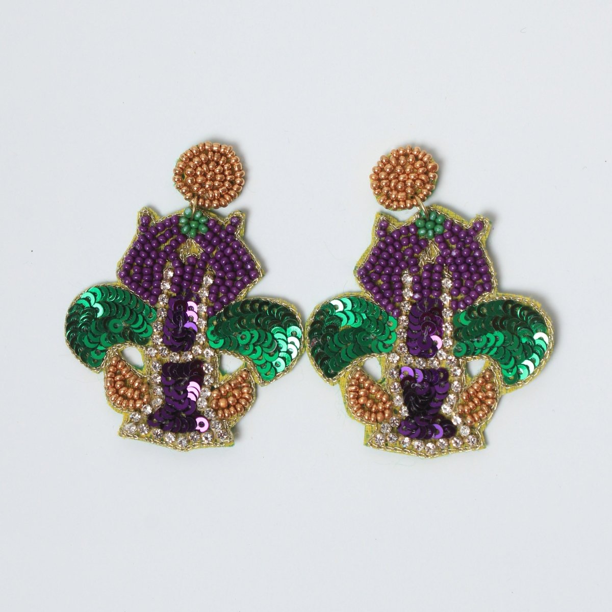 Mardi Gras Fleur - de - Lis Beaded Earrings with Sequins - Mardi Gras Apparel - Accessories, Earrings, Mardi Gras - Mardi Gras Earrings