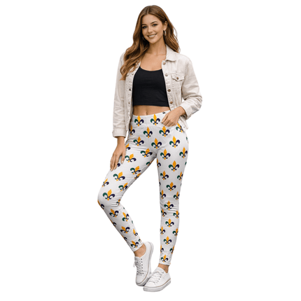 Mardi Gras Fleur de Lis Leggings Purple Green Gold Stretch Pants - Mardi Gras Apparel - Adult, Ladies, Machine Washable - Leggings
