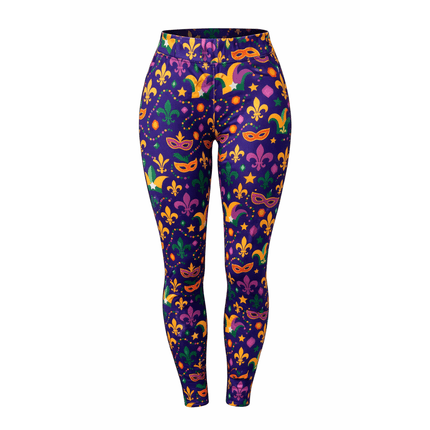 Mardi Gras Fleur de Lis Leggings Purple Green Gold Stretch Pants - Mardi Gras Apparel - Adult, Ladies, Machine Washable - Leggings