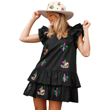 Mardi Gras Fleur De Lis Mini Black Dress - Mardi Gras Apparel - Adult, Dress, Ladies - Dress