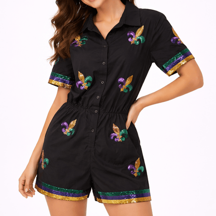 Mardi Gras Fleur De Lis Mini Black Jumpsuit - Mardi Gras Apparel - Adult, Dress, Ladies - Jumpsuit