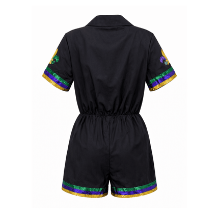 Mardi Gras Fleur De Lis Mini Black Jumpsuit - Mardi Gras Apparel - Adult, Dress, Ladies - Jumpsuit