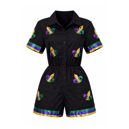 Mardi Gras Fleur De Lis Mini Black Jumpsuit - Mardi Gras Apparel - Adult, Dress, Ladies - Jumpsuit