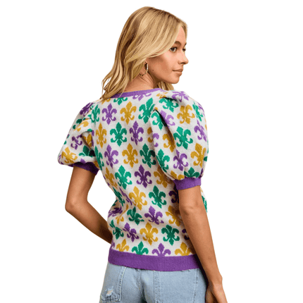 Mardi Gras Fleur De Lis Patterned V Neck Top - Mardi Gras Apparel - Adult, Bibi, Bibi Top Chart - Sweaters