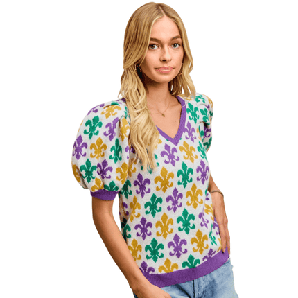 Mardi Gras Fleur De Lis Patterned V Neck Top - Mardi Gras Apparel - Adult, Bibi, Bibi Top Chart - Sweaters