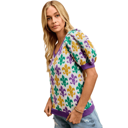 Mardi Gras Fleur De Lis Patterned V Neck Top - Mardi Gras Apparel - Adult, Bibi, Bibi Top Chart - Sweaters