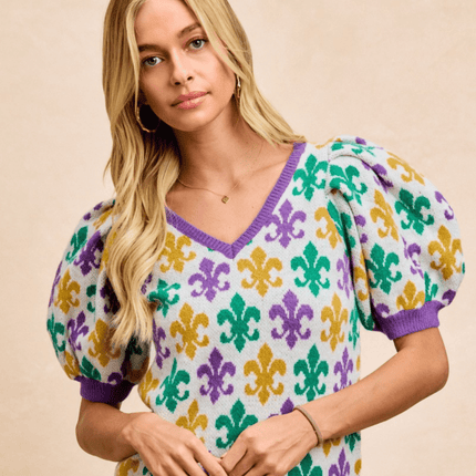 Mardi Gras Fleur De Lis Patterned V Neck Top - Mardi Gras Apparel - Adult, Bibi, Bibi Top Chart - Sweaters
