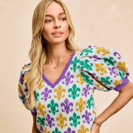 Mardi Gras Fleur De Lis Patterned V Neck Top - Mardi Gras Apparel - Adult, Bibi, Bibi Top Chart - Sweaters