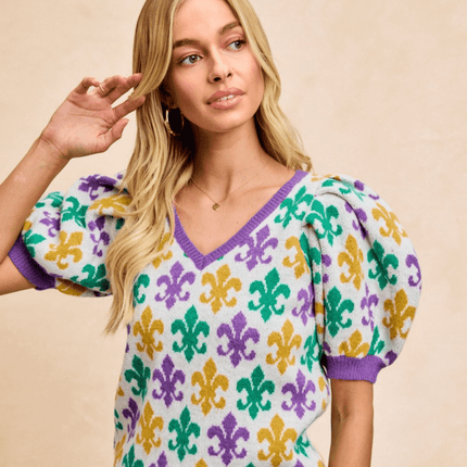 Mardi Gras Fleur De Lis Patterned V Neck Top - Mardi Gras Apparel - Adult, Bibi, Bibi Top Chart - Sweaters