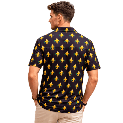 Mardi Gras Fleur de Lis Printed Polo Shirt - Mardi Gras Apparel - Adult Unisex, Button Up, Collared - Rugby Polo