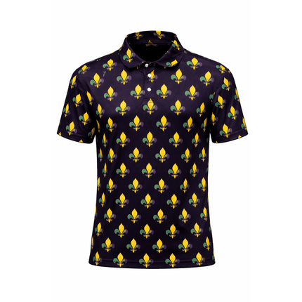 Mardi Gras Fleur de Lis Printed Polo Shirt - Mardi Gras Apparel - Adult Unisex, Button Up, Collared - Rugby Polo